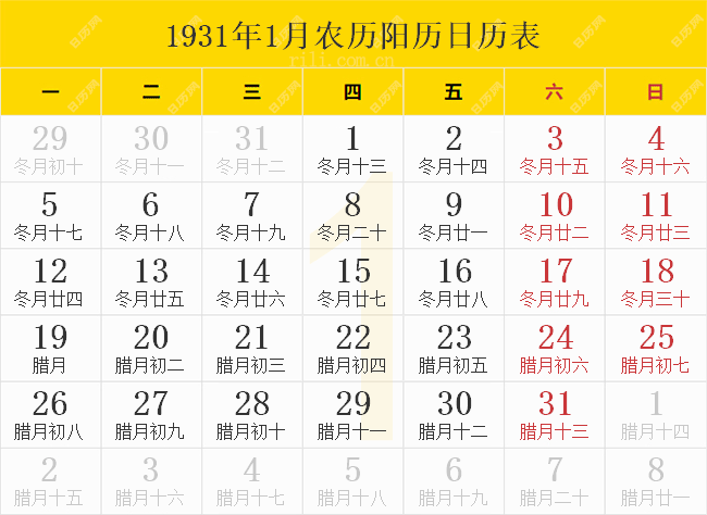 1931年1月农历阳历日历表