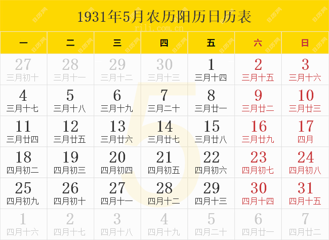 1931年5月农历阳历日历表