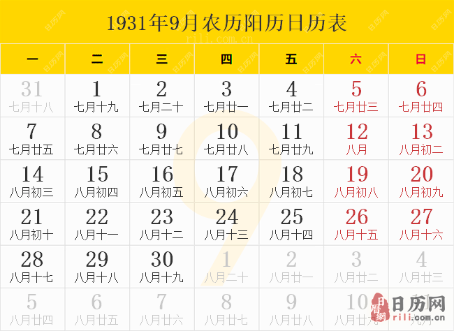 1931年9月农历阳历日历表