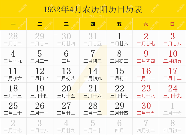 1932年4月农历阳历日历表