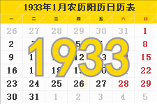 1933年日历表,1933年农历表（阴历阳历节日对照表）