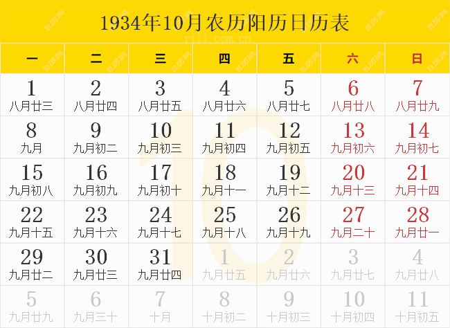 1934年10月农历阳历日历表