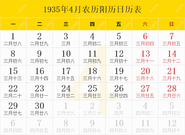 1935年4月农历阳历日历表