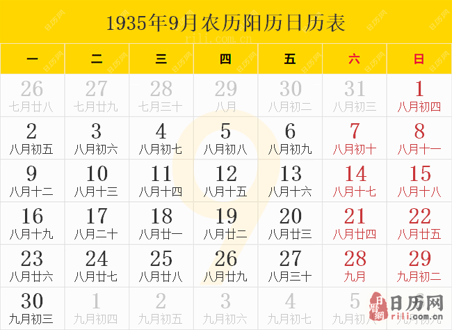 1935年9月农历阳历日历表