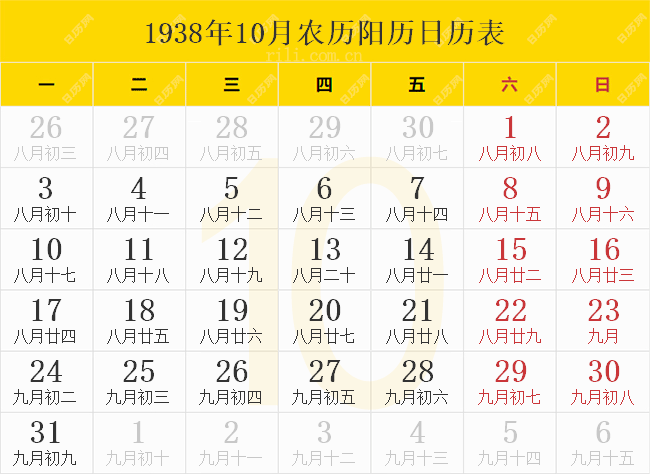 1938年10月农历阳历日历表