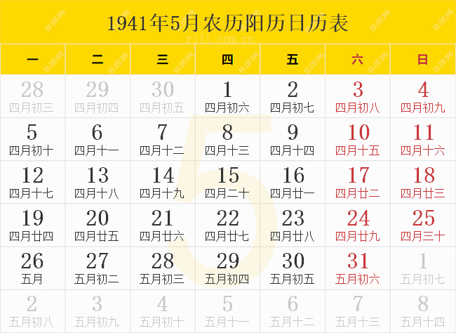 1941年5月农历阳历日历表