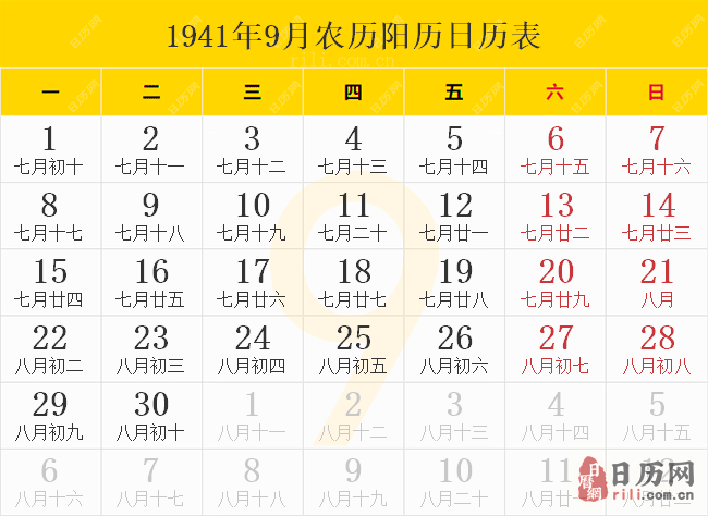 1941年9月农历阳历日历表