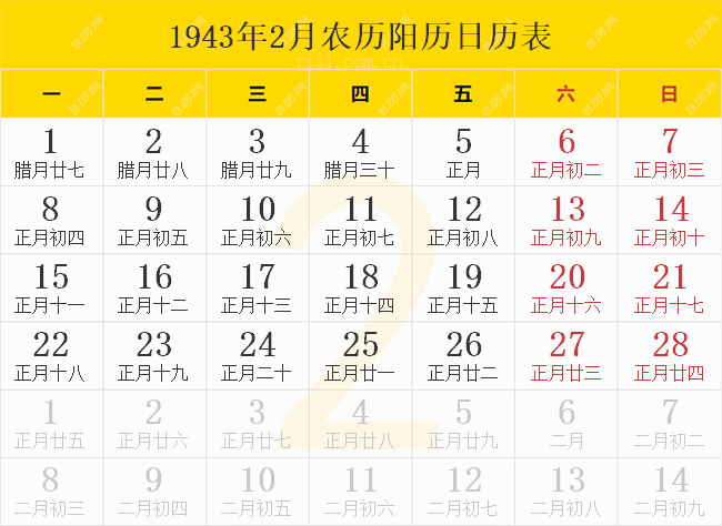 1943年2月农历阳历日历表