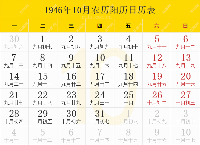 1946年10月农历阳历日历表