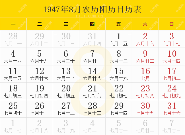 1947年8月农历阳历日历表
