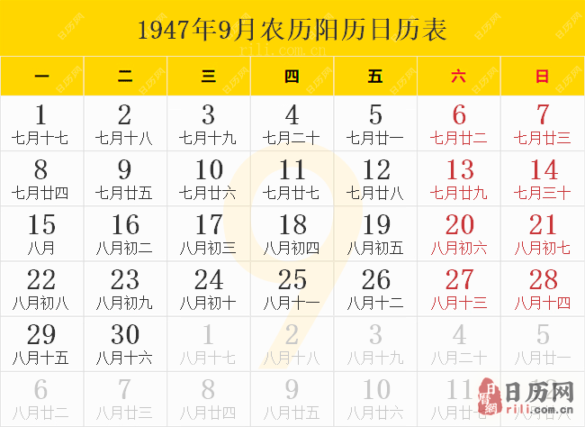 1947年9月农历阳历日历表