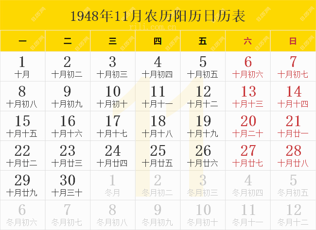1948年11月农历阳历日历表