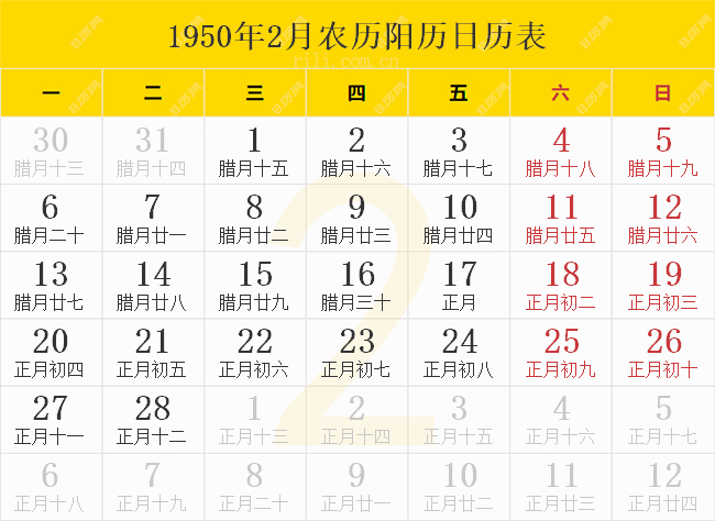 1950年2月农历阳历日历表