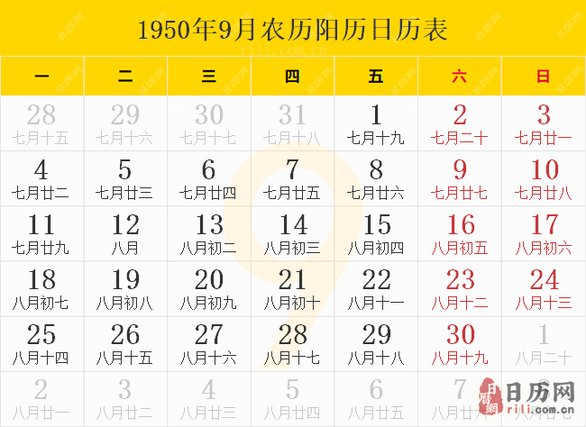 1950年9月农历阳历日历表