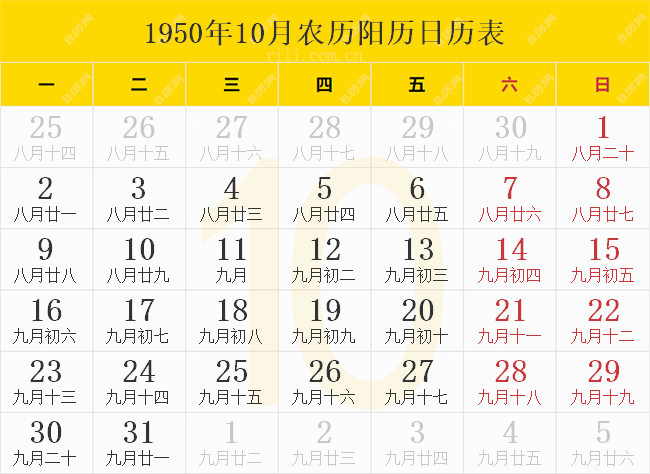 1950年10月农历阳历日历表