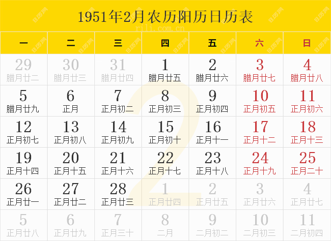 1951年2月农历阳历日历表