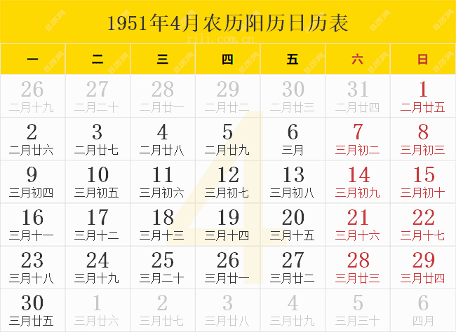 1951年4月农历阳历日历表