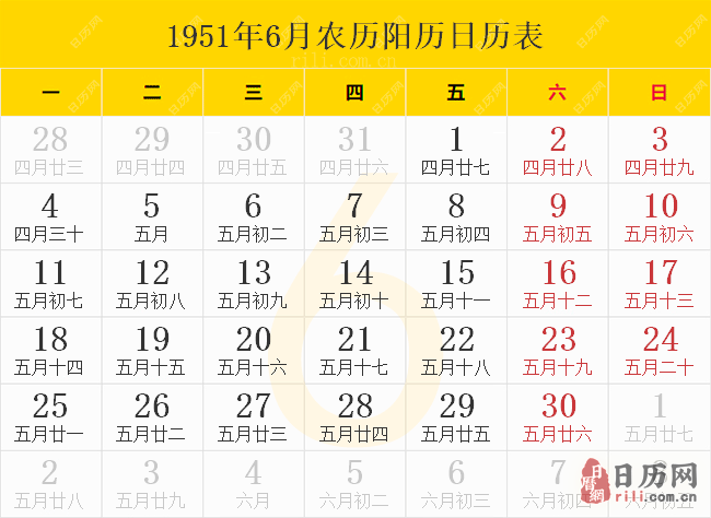 1951年6月农历阳历日历表