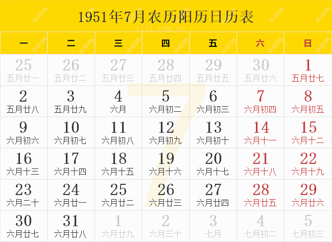 1951年7月农历阳历日历表