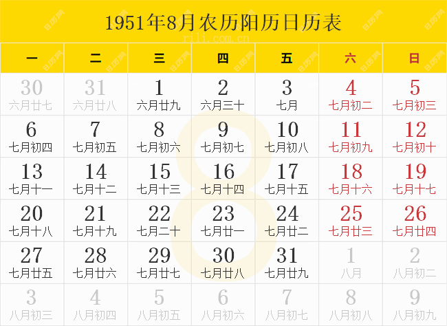 1951年8月农历阳历日历表