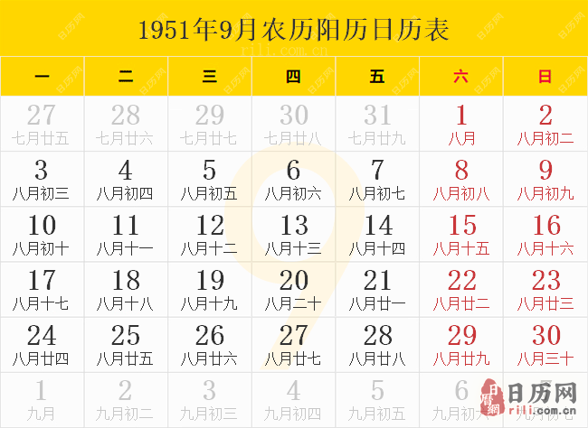 1951年9月农历阳历日历表