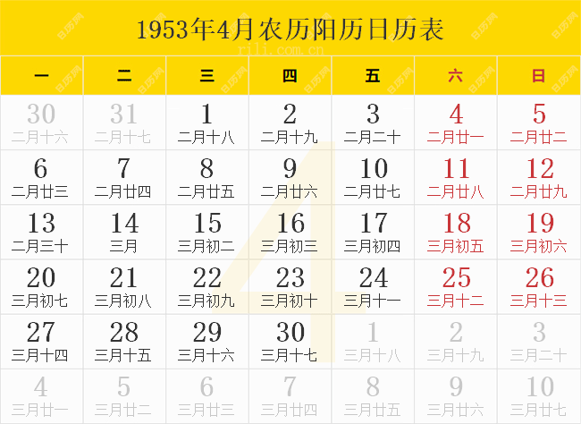 1953年4月农历阳历日历表