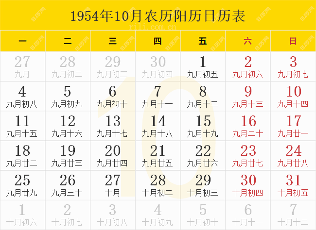 1954年10月农历阳历日历表