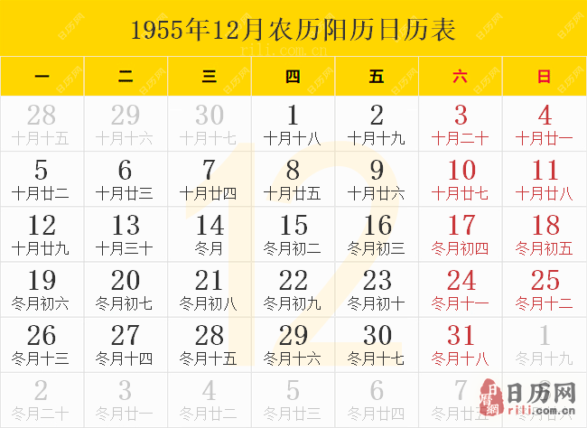 1955年12月农历阳历日历表