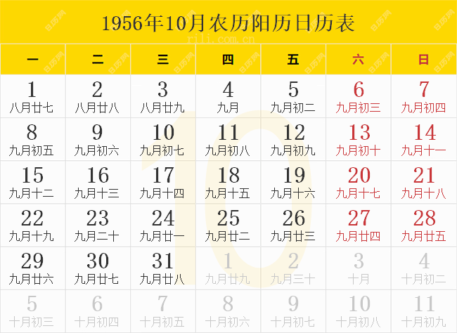 1956年10月农历阳历日历表