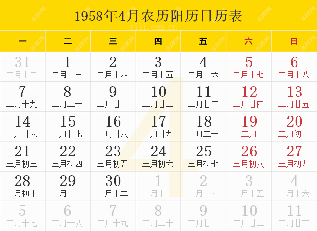1958年4月农历阳历日历表