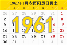 1961年农历阳历表,1961年日历表,1961年黄历