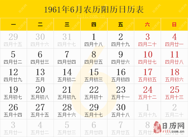 1961年6月农历阳历日历表