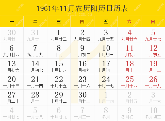 1961年11月农历阳历日历表