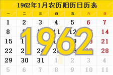 1962年农历阳历表,1962年日历表,1962年黄历