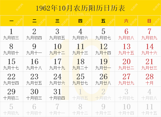 1962年10月农历阳历日历表