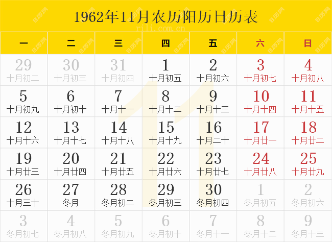 1962年11月农历阳历日历表