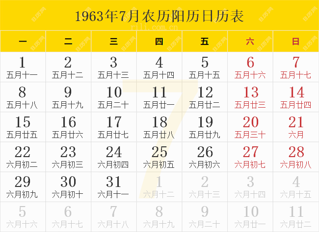 1963年7月农历阳历日历表