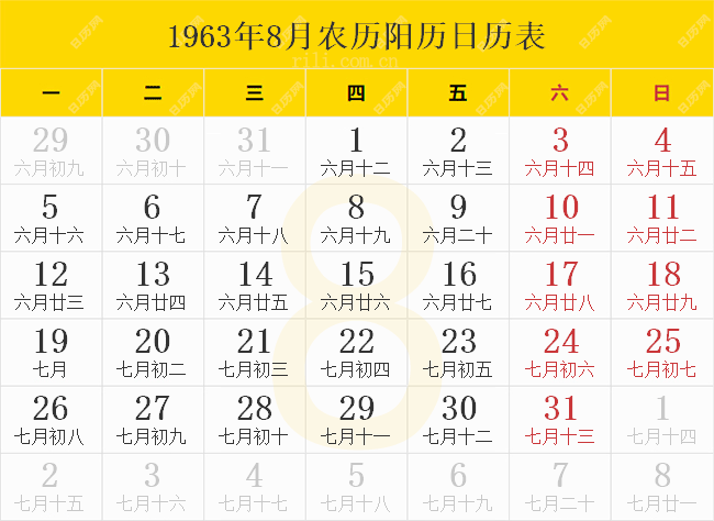 1963年8月农历阳历日历表