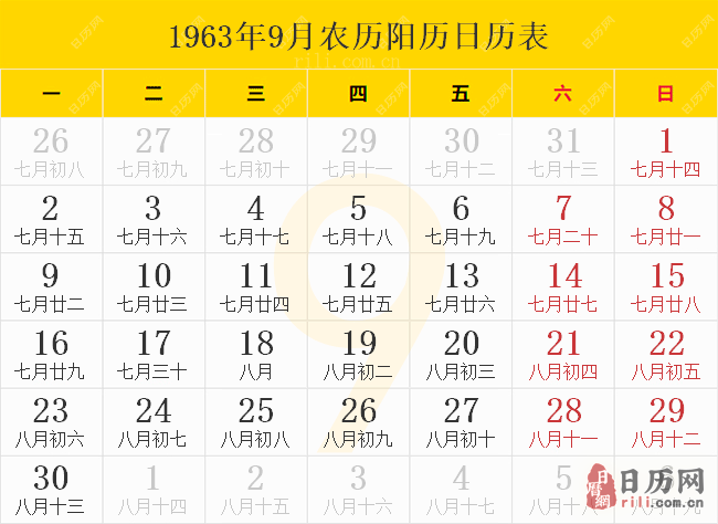 1963年9月農曆陽曆日曆表