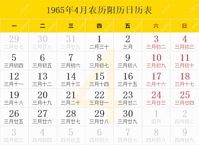 1965年4月农历阳历日历表