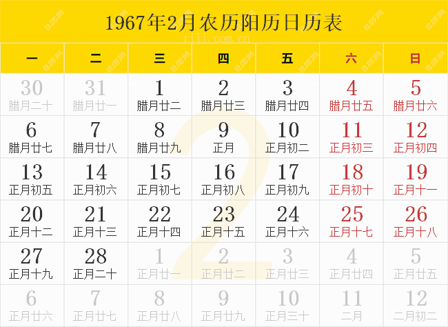 1967年2月农历阳历日历表