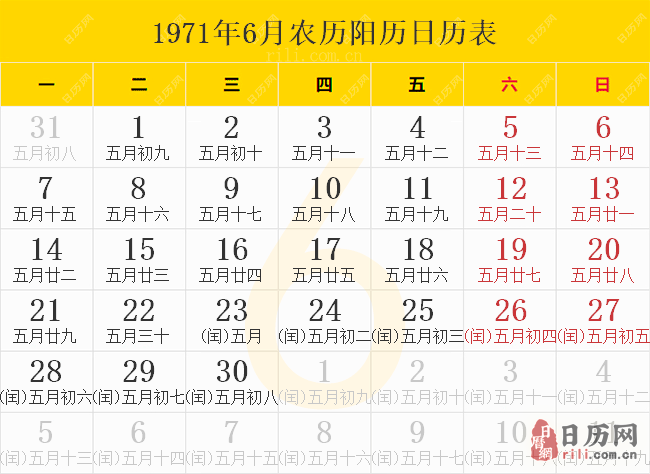 1971年6月农历阳历日历表