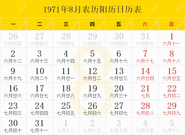 1971年8月农历阳历日历表