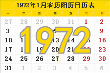 1972年农历阳历表,1972年日历表,1972年黄历