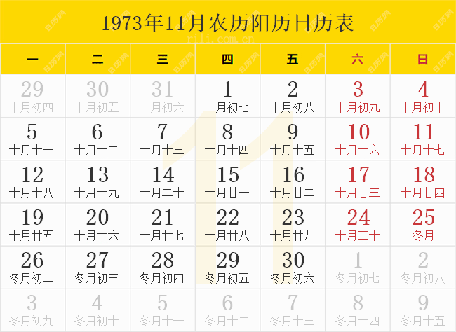 1973年11月农历阳历日历表