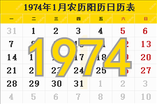 1974年农历阳历表,1974年日历表,1974年黄历