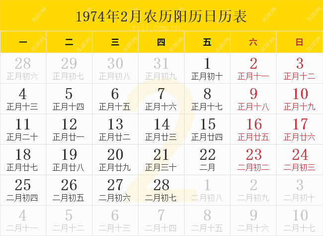 1974年2月农历阳历日历表