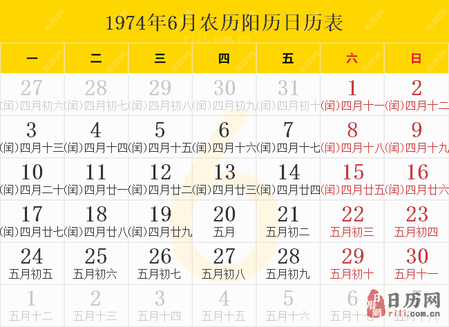1974年6月农历阳历日历表