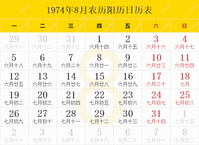 1974年8月农历阳历日历表