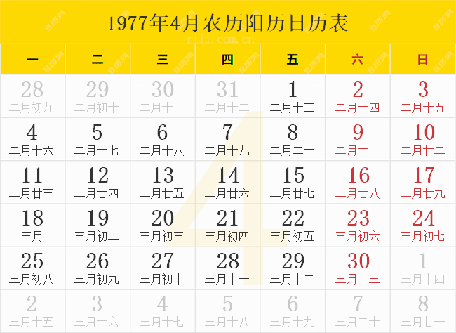 1977年4月农历阳历日历表